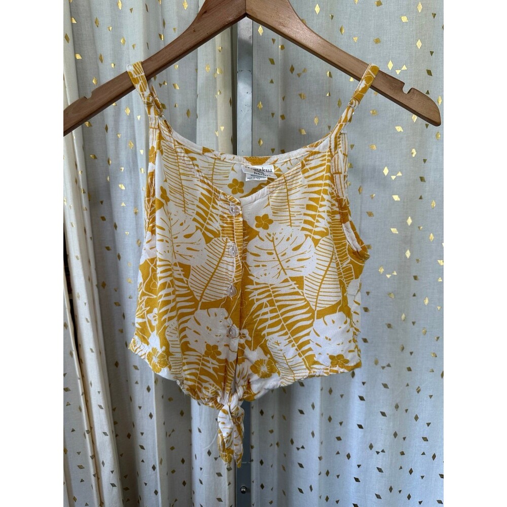 Hamakua Keiki Hawaiian Tropical Leaves Button Down Front Tie Crop Tank Top 12
